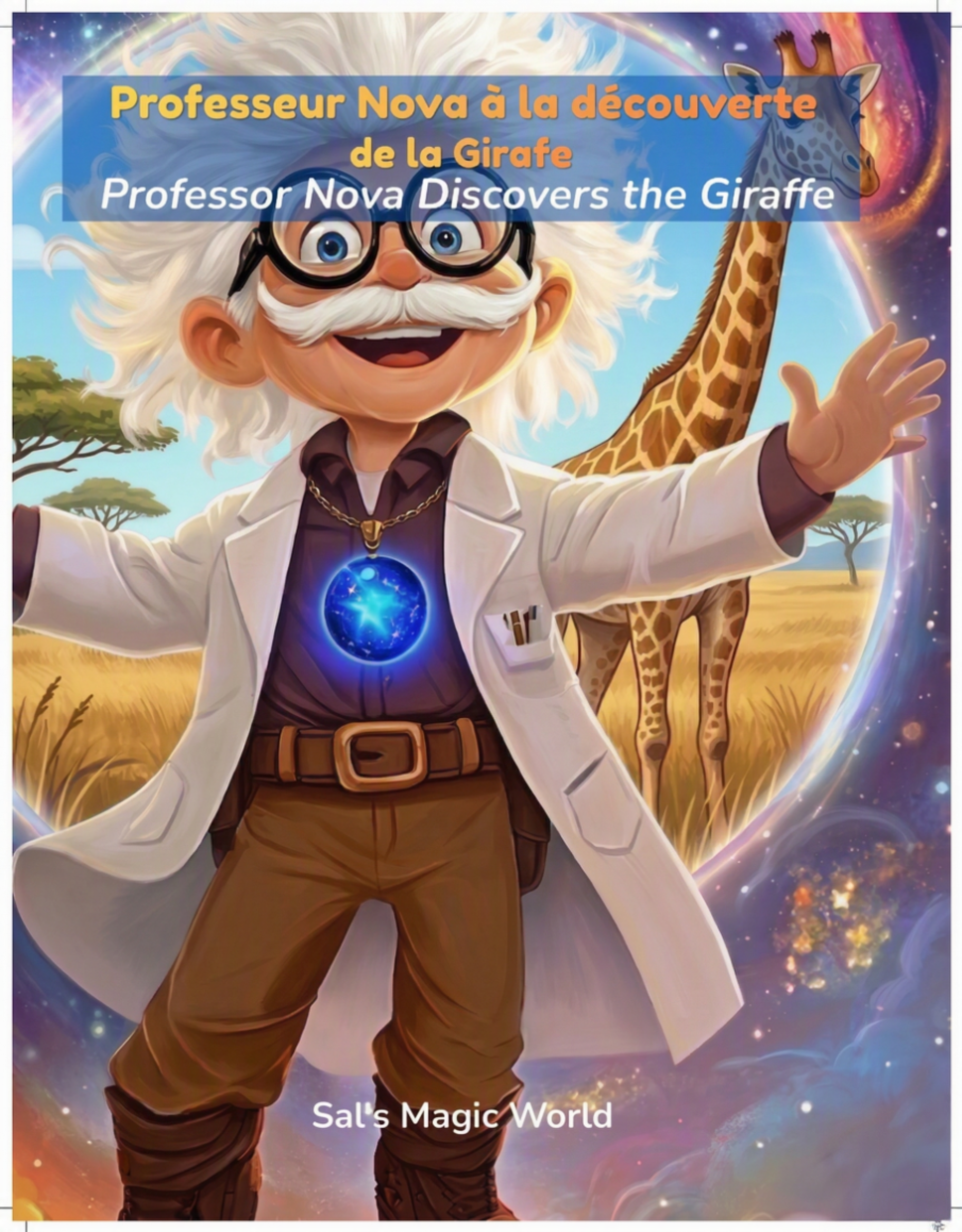 Couverture — Professeur Nova à la découverte de la Girafe - Professor Nova Discovers the Giraffe